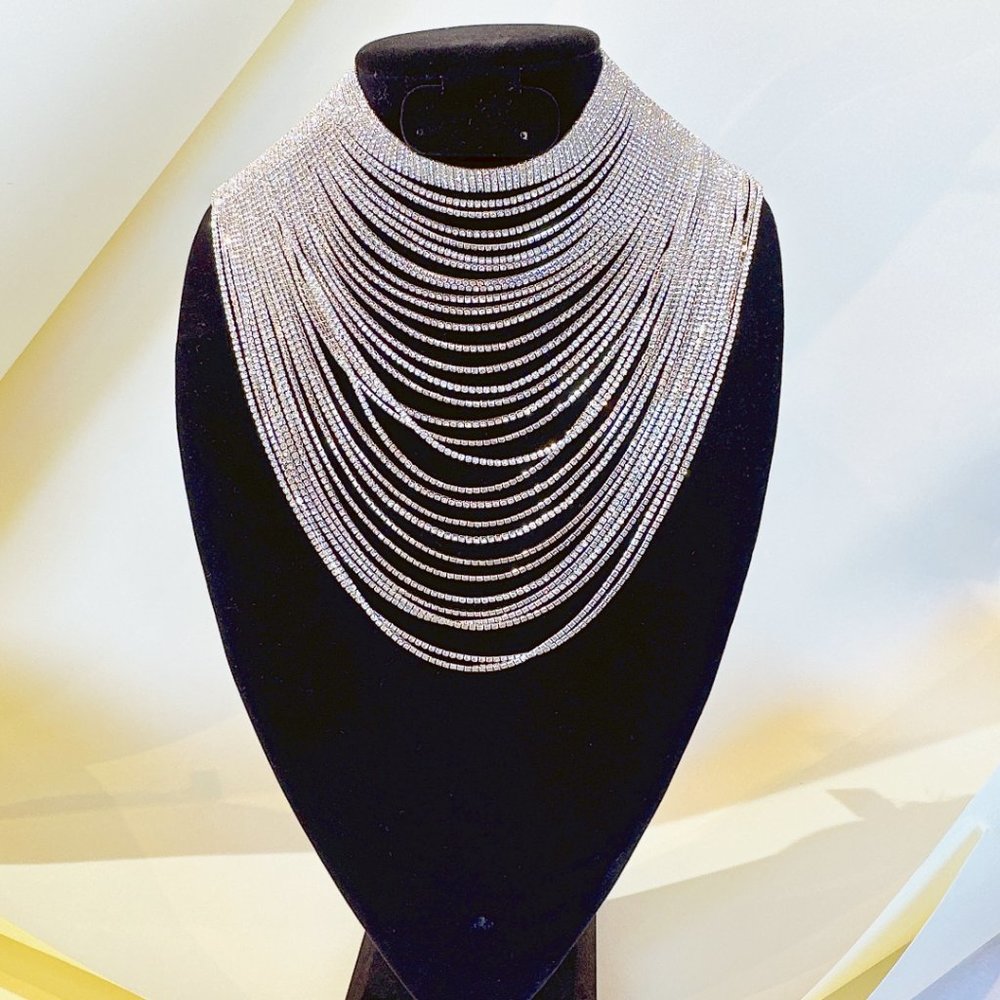 Silver -Tone Rhinestone Pave Waterfall Bib Necklace Multi Strand Chain Collar